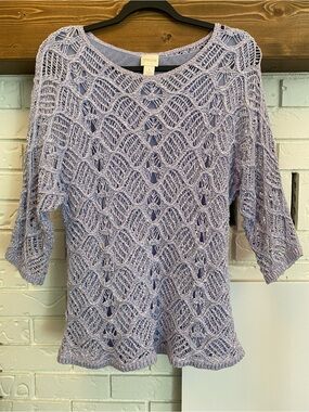 Chico’s Size 1 Lavender Crochet Knit Lined Boat Neck 3/4 Sleeve Sweater Top